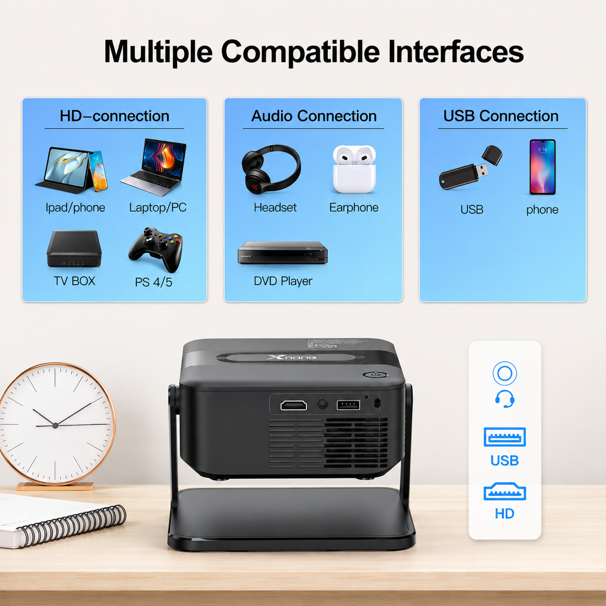 Xnano T200 Smart Mini Projector | Android 11 | WiFi 6 & Bluetooth 5.0 | Native 1080P HD | 4K Supported | Portable Home Theater Projector